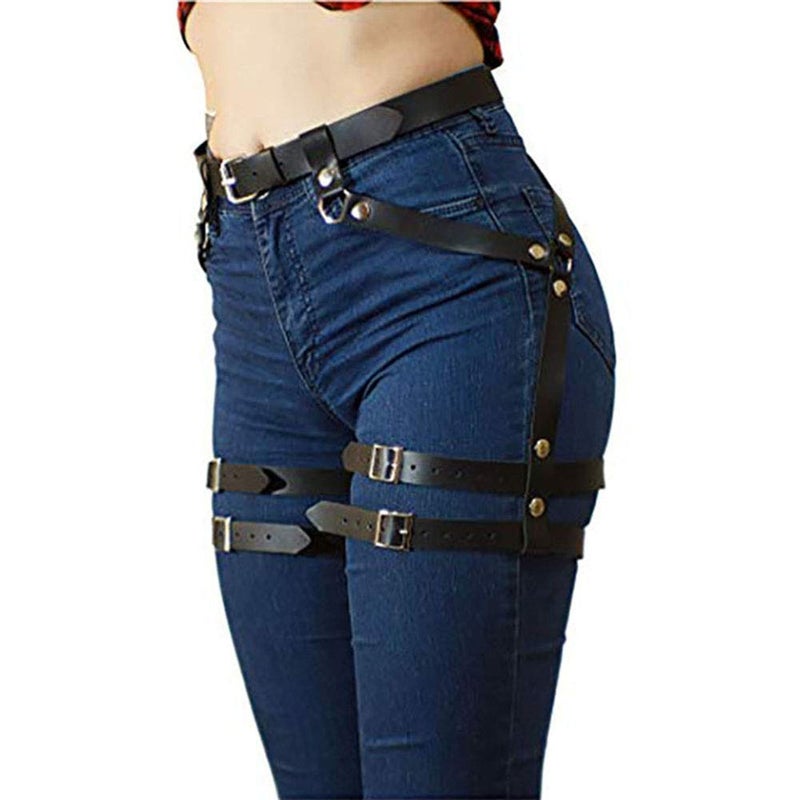 Newfancy Women's PU Leather Leg Garter Caged Body Harness Belt Adjustable Punk Waist Belt Festival Rave Costume, Black a, One Size - Image 2